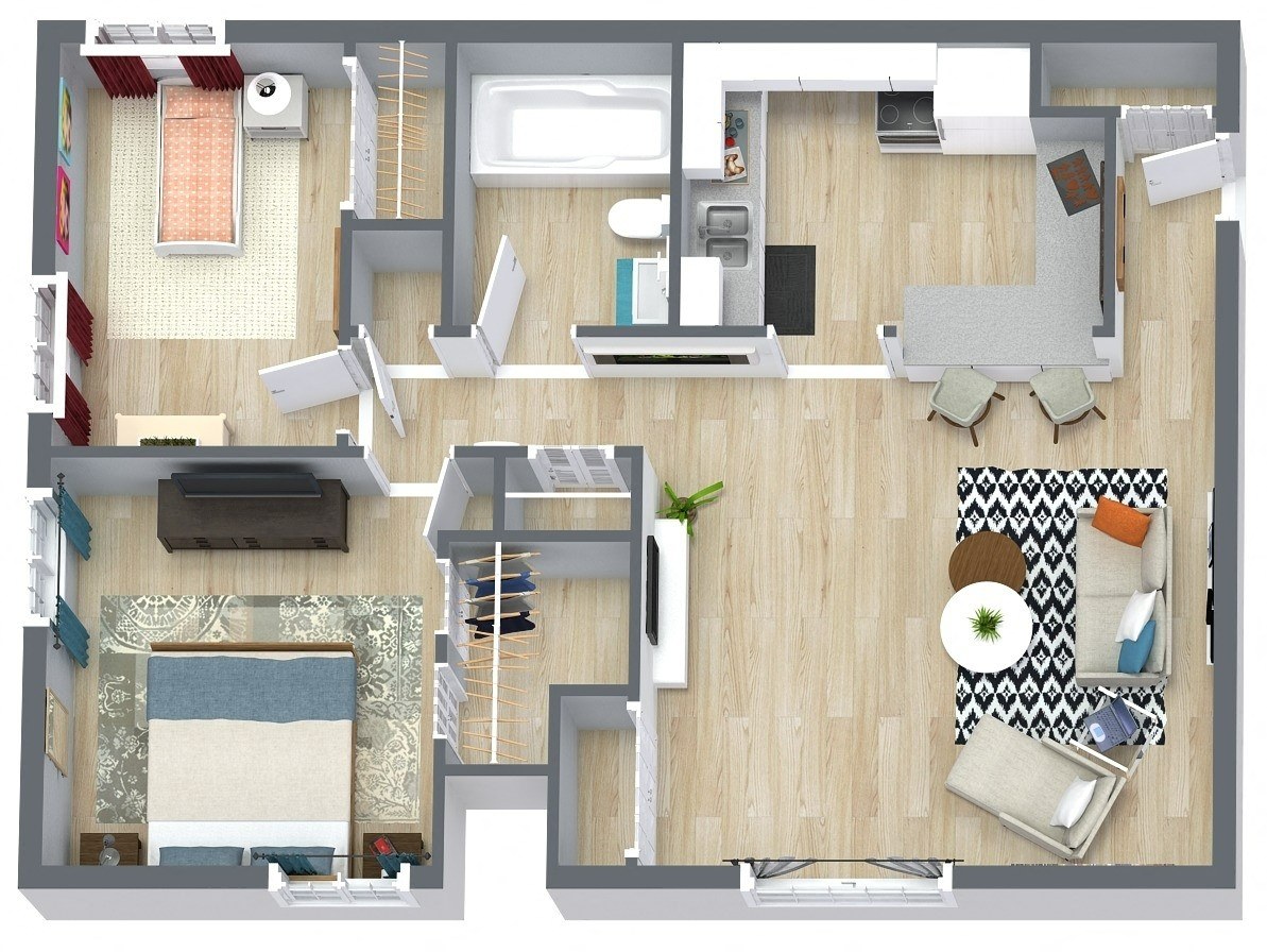 Floor plan for 2 beds, 1 bath, 842 sqft